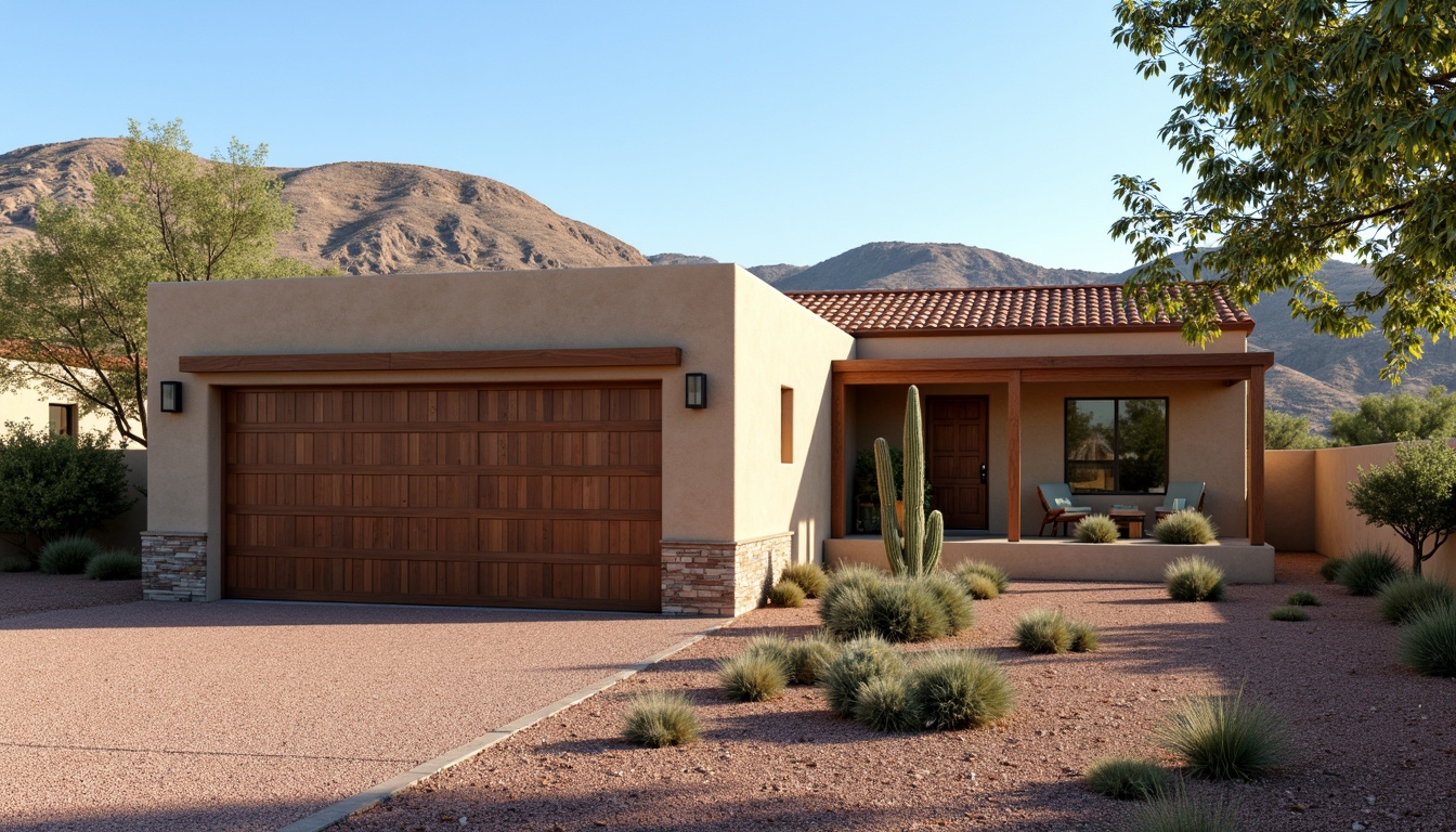 Prompt: Southwestern family garage, rustic charm, earthy tones, stucco walls, terracotta roof tiles, clay-colored gravel driveway, wooden accents, natural stone foundation, desert landscape, cacti plants, clear blue sky, warm sunny day, soft shadows, shallow depth of field, 3/4 composition, panoramic view, realistic textures, ambient occlusion.Please let me know if this meets your requirements!