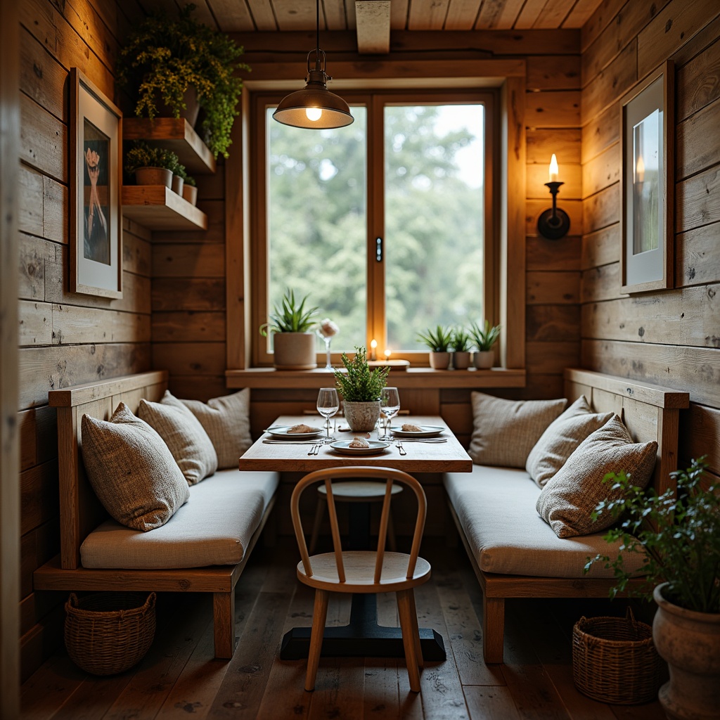 Prompt: Cozy rustic breakfast nook, reclaimed wood benches, vintage metal chairs, plush throw pillows, natural linen upholstery, earthy color palette, warm candlelight, wooden farmhouse tables, distressed finishes, woven wicker baskets, potted greenery, soft morning light, shallow depth of field, 1/2 composition, intimate atmosphere, rustic country decor, nature-inspired accents.