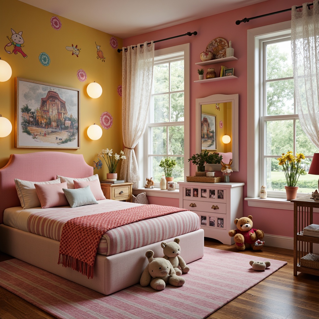 Prompt: Whimsical children's bedroom, fairy tale illustrations, vibrant colorful walls, plush toys, soft cushions, kid-friendly furniture, playful lighting fixtures, cartoon character decals, fantasy-themed wallpaper, delicate lace curtains, cozy reading nooks, built-in bookshelves, fun-shaped decorative pillows, bright polka-dot rugs, cheerful striped bedding, natural wood flooring, rustic wooden accents, warm ambient lighting, shallow depth of field, 1/1 composition, panoramic view, realistic textures, ambient occlusion.