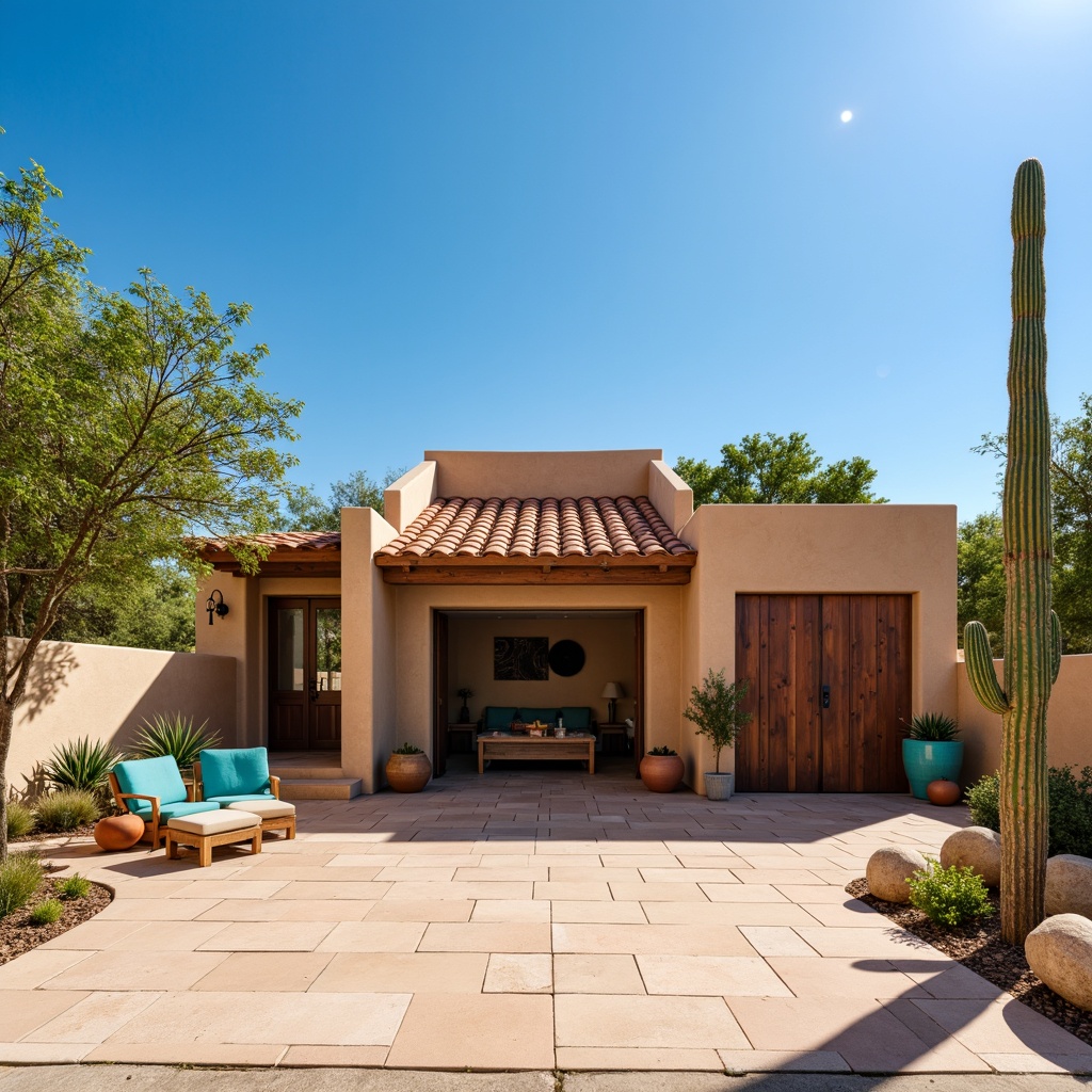 Prompt: Southwestern family garage, Spanish-style architecture, clay tile roofing, earthy tone, stucco walls, wooden doors, rustic metal accents, desert landscape, cacti plants, hot sunny day, clear blue sky, vast open space, terracotta pottery, vibrant turquoise decor, warm beige stonework, natural stone flooring, cozy outdoor seating, shaded patio area, misting system, 3/4 composition, panoramic view, realistic textures, ambient occlusion.