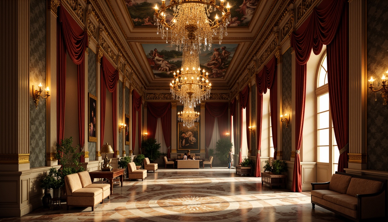 Prompt: Opulent Baroque palace, rich velvet drapes, ornate gold accents, lavish crystal chandeliers, intricate marble floors, warm golden lighting, soft focus, 3/4 composition, Renaissance-inspired architecture, grandiose columns, ornamental frescoes, luxurious fabrics, jewel-toned tapestries, regal crowns, antique furniture, mystical atmosphere, mysterious shadows, dramatic contrasts, cinematic mood.