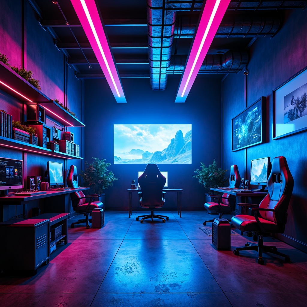 Prompt: Vibrant game room, futuristic neon lights, LED strips, ambient glow, dark blue walls, sleek metal accents, high-tech gadgets, minimalist shelves, ergonomic gaming chairs, immersive virtual reality experience, cinematic sound systems, dramatic spotlights, atmospheric fog effects, 3D projection mapping, strobe lights, electric blue hues, cyberpunk aesthetic, modern industrial design, exposed ductwork, polished concrete floors, dynamic color-changing lighting, shallow depth of field, panoramic view, realistic textures, ambient occlusion.