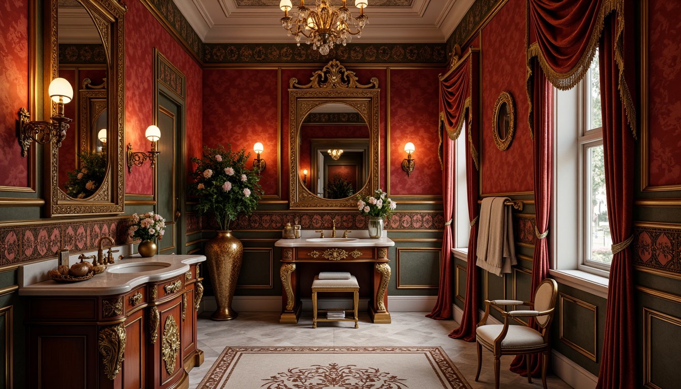 Prompt: Ornate powder room, rich velvet fabrics, gilded mirrors, intricately carved wooden furniture, antique bronze hardware, luxurious marble countertops, ornamental chandeliers, soft warm lighting, shallow depth of field, 1/1 composition, realistic textures, ambient occlusion, lavish decorative patterns, golden accents, opulent drapery, crystal accessories, Renaissance-inspired designs, curved lines, dramatic flair.