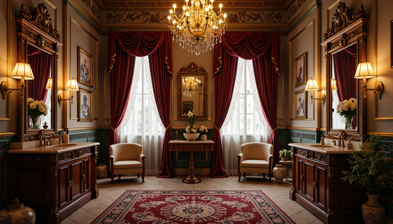 Prompt: Ornate powder room, gilded mirrors, velvet drapes, antique furnishings, intricately carved wooden cabinets, ornamental chandeliers, richly patterned rugs, luxurious fabrics, golden accents, decorative trimmings, Rococo-inspired designs, soft warm lighting, intimate ambiance, elegant vanity tables, antique porcelain vases, lavish floral arrangements, delicate lace curtains, distressed finishes, opulent accessories, grandiose architectural details.