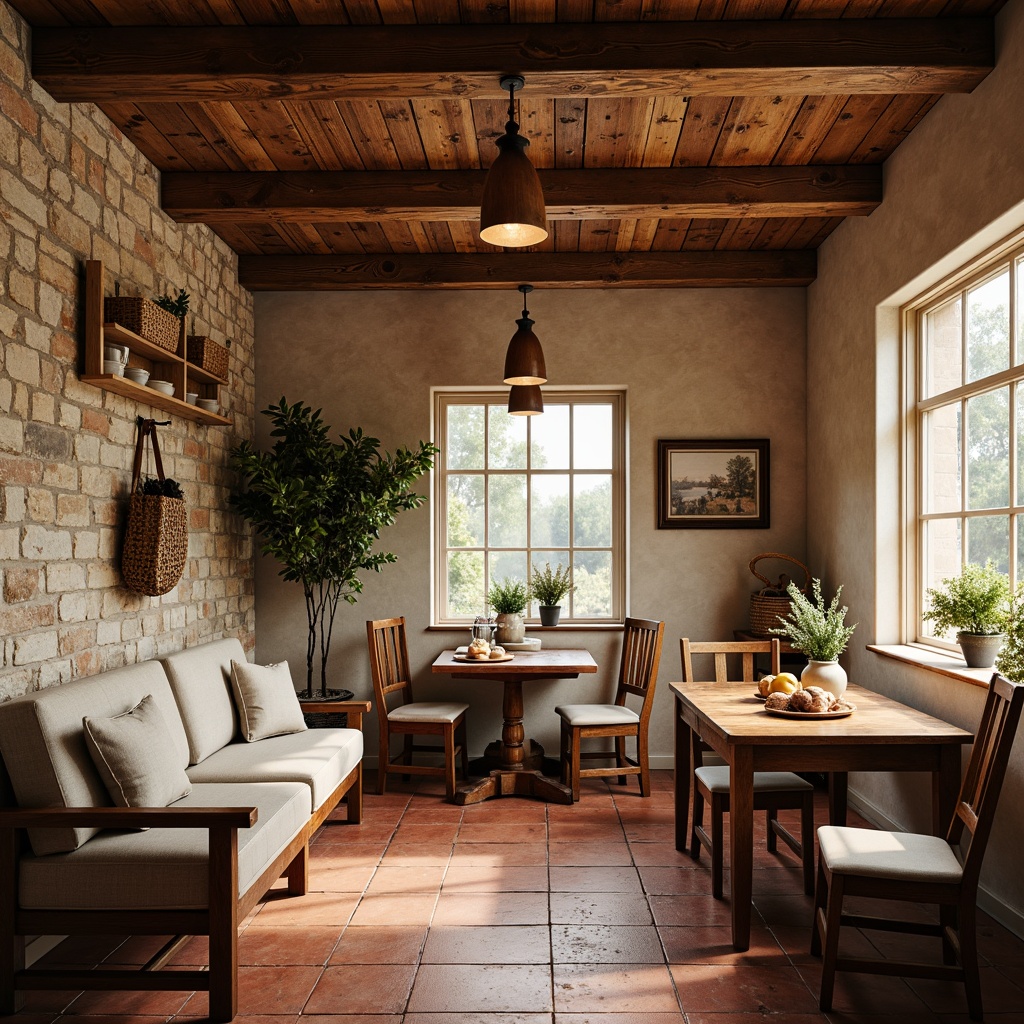 Prompt: Rustic breakfast nook, wooden accents, natural textures, earthy tones, vintage decor, reclaimed wood flooring, distressed finishes, brick red hues, ceramic tiles, woven baskets, pendant lighting, cozy seating, farmhouse tables, natural stone walls, warm beige colors, soft morning light, shallow depth of field, 1/1 composition, realistic textures.