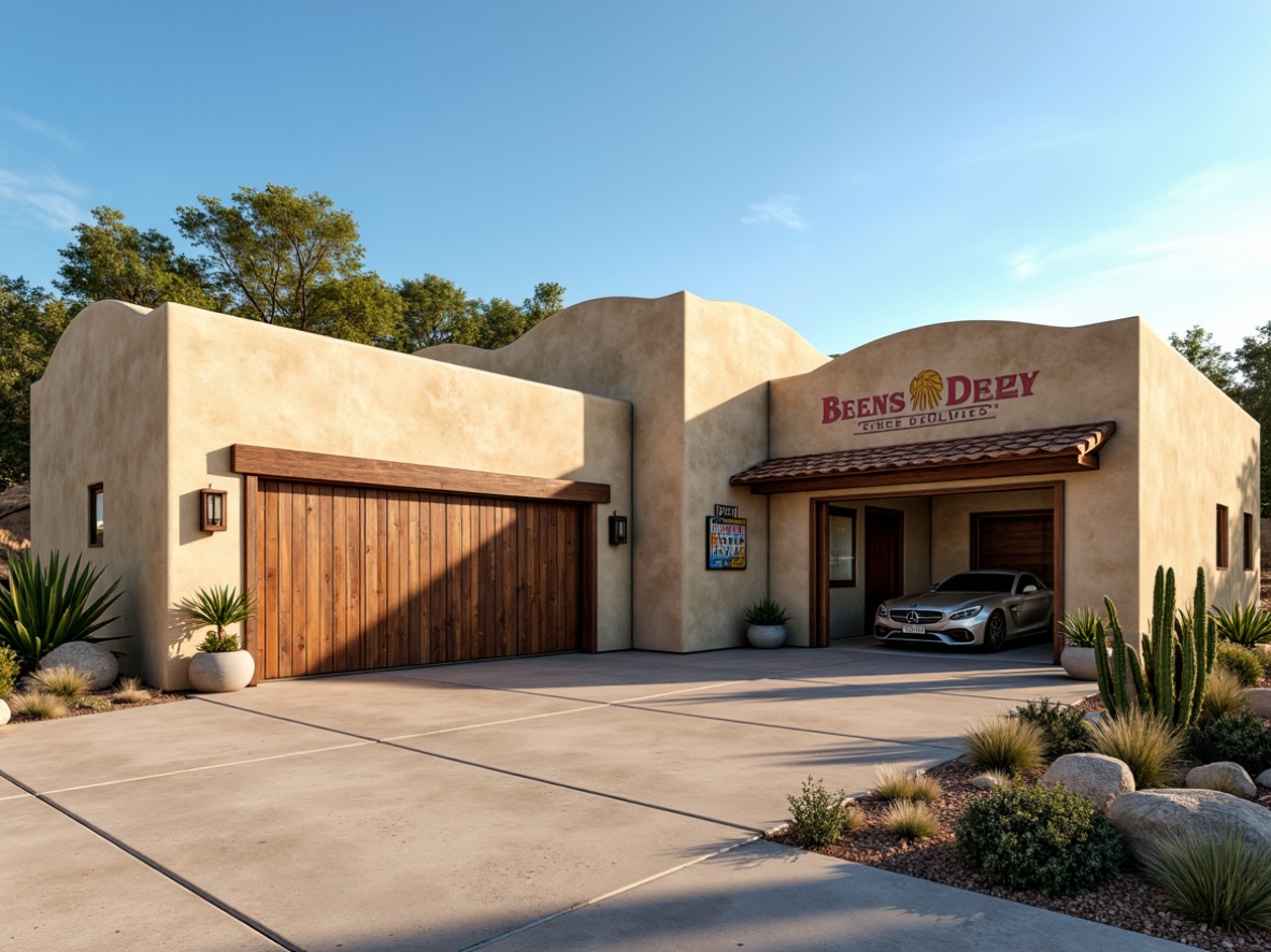 Prompt: Southwestern family garage, warm beige stucco exterior, clay tile roofing, curved rooflines, rustic wooden doors, metal accents, desert landscape, cactus plants, hot sunny day, clear blue sky, vast open space, earthy color palette, natural stone walls, wooden beams, vintage license plates, retro-style neon signs, faded denim colors, distressed wood textures, warm soft lighting, shallow depth of field, 3/4 composition, panoramic view, realistic renderings, ambient occlusion.