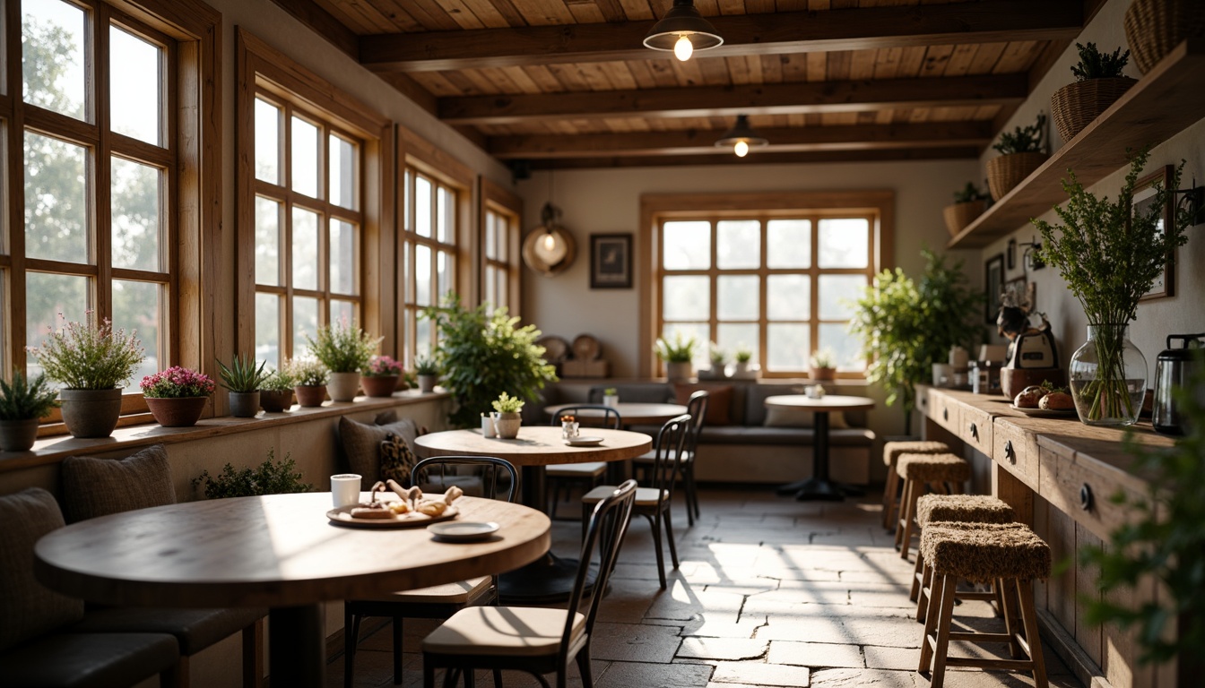 Prompt: Cozy rustic breakfast nook, reclaimed wood tables, vintage metal chairs, plush cushions, soft warm lighting, natural stone floors, earthy color palette, wooden beams, exposed brick walls, farmhouse decor, distressed finishes, woven baskets, potted greenery, fragrant flowers, sunny morning, shallow depth of field, 1/1 composition, intimate atmosphere.