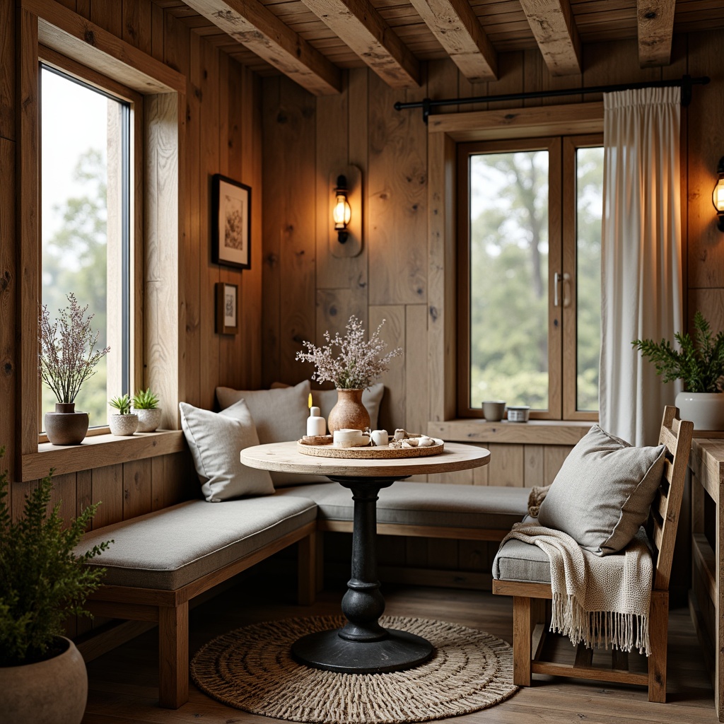 Prompt: Cozy breakfast nook, reclaimed wood accents, vintage farmhouse decor, warm earthy tones, natural linen fabrics, woven jute rugs, distressed metal lighting, plush throw blankets, soft candlelight, morning sunlight, 1/2 composition, shallow depth of field, warm color palette, inviting atmosphere.