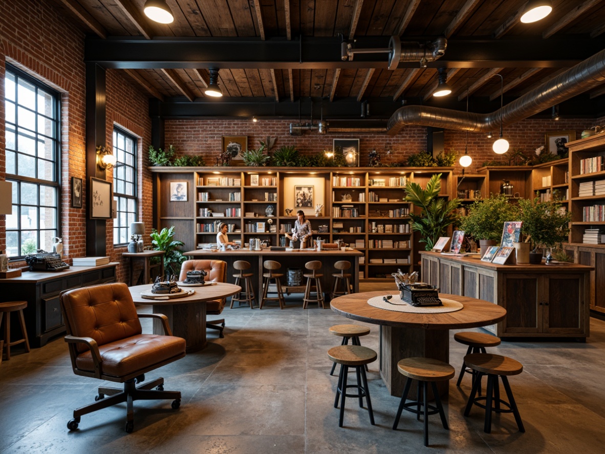 Prompt: Rustic industrial bookstore, reclaimed wood shelves, metal beams, exposed brick walls, vintage factory lamps, distressed leather armchairs, wooden crates, antique typewriters, worn stone floors, steel tables, ergonomic stools, book-filled bookcases, eclectic decorative artifacts, warm overhead lighting, shallow depth of field, 1/1 composition, moody atmosphere, realistic textures.