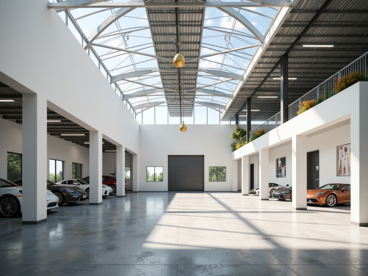 Prompt: Well-lit garage interior, abundant natural light, skylights, clerestory windows, transparent roof panels, white walls, reflective surfaces, minimal obstructions, open floor plan, sliding glass doors, mirrored finishes, LED lighting accents, industrial chic decor, polished concrete floors, exposed ductwork, overhead storage racks, modern minimalist aesthetic, warm sunny day, soft diffused light, shallow depth of field, 1/1 composition, panoramic view.