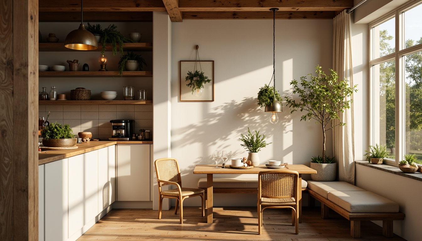 Prompt: Cozy breakfast nook, warm wooden tones, soft pastel colors, natural stone countertops, pendant light fixtures, industrial metal shades, Edison bulb filaments, rustic woven textiles, rattan chairs, vintage-inspired decor, sunny morning light, softbox lighting, 1/2 composition, shallow depth of field, realistic wood grain textures, ambient occlusion.