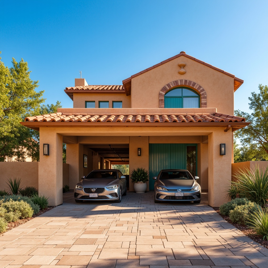 Prompt: Southwestern family garage, rustic desert landscape, warm sandy tones, stucco exterior, terra cotta roof tiles, earthy brown colors, curved archways, wooden accents, metal decorative elements, Spanish-inspired architecture, clay brick walls, vibrant turquoise accents, clear blue skies, sunny day, soft warm lighting, shallow depth of field, 3/4 composition, panoramic view, realistic textures, ambient occlusion.