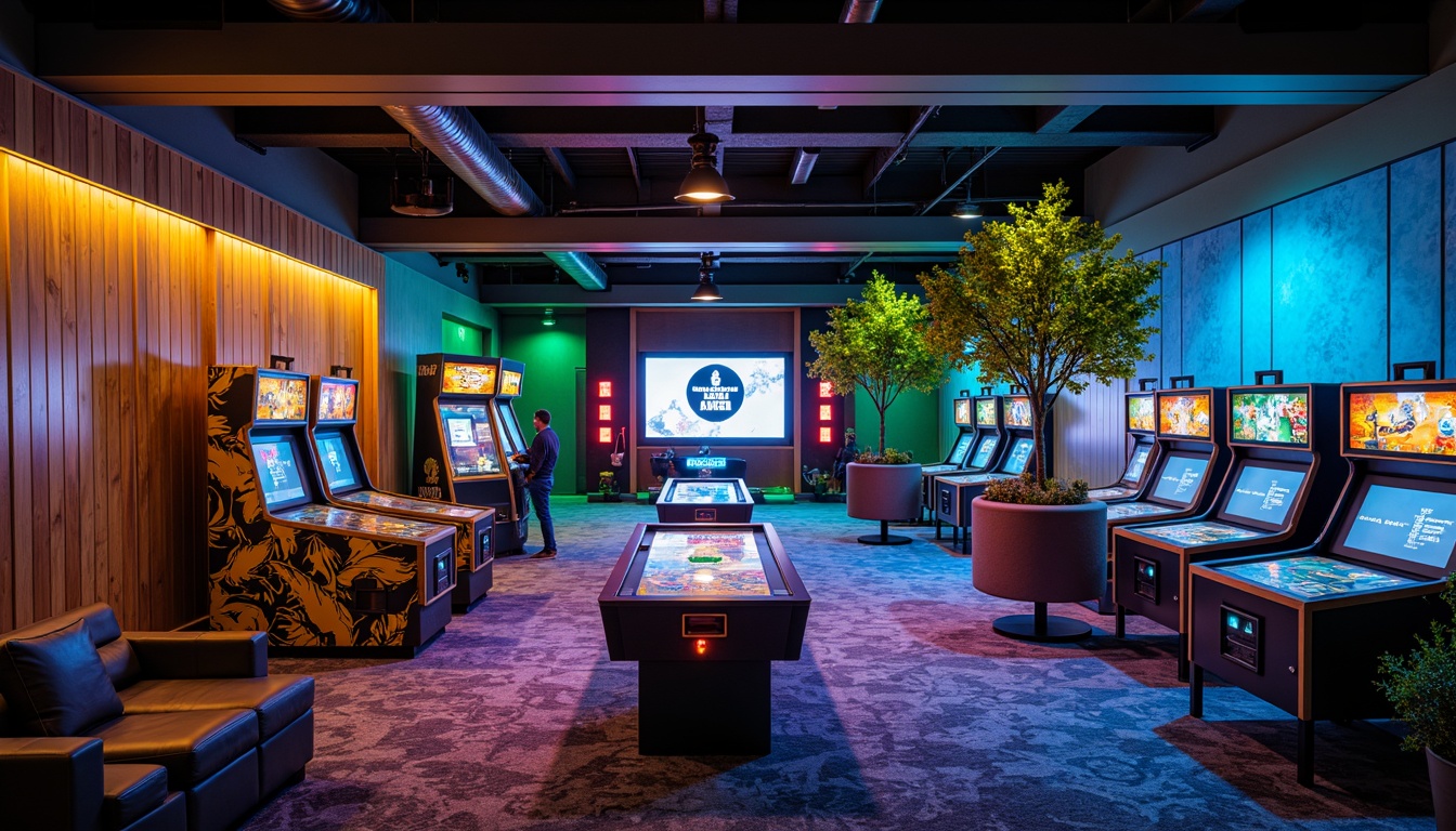 Prompt: Vibrant game room, bold accent walls, neon-lit arcade machines, rich wood tones, plush carpets, modern minimalist furniture, sleek metal decorations, abstract geometric patterns, electric blue and green hues, warm yellow and orange accents, high-contrast lighting, dramatic shadows, cinematic ambiance, immersive gaming experience.