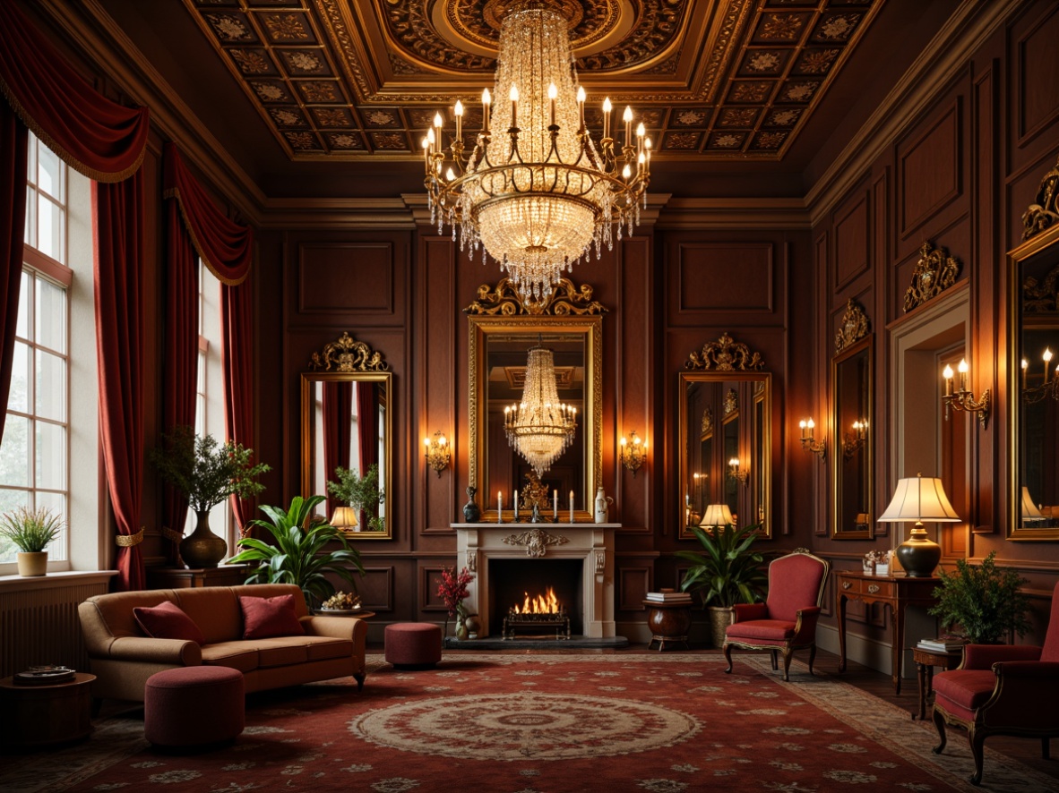 Prompt: Ornate chandeliers, crystal droplets, golden accents, rich wood tones, intricately carved furniture, velvet drapes, ornamental mirrors, lavish textiles, warm candlelight, softbox lighting, 3-point lighting setup, low-key illumination, subtle color grading, realistic reflections, detailed normal maps, cinematic ambiance.