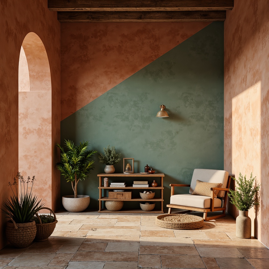 Prompt: Richly textured walls, earthy terracotta hues, warm beige tones, soft sage accents, muted turquoise undertones, natural stone flooring, wooden furniture with rustic finishes, ambient warm lighting, cozy atmospheric effects, shallow depth of field, 1/1 composition, realistic textures, subtle gradient maps.