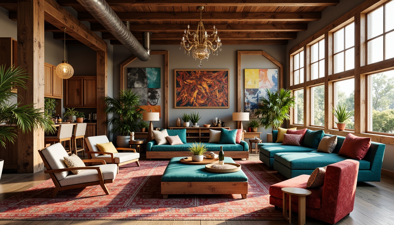 Prompt: Vibrant eclectic great room, bold patterned rugs, plush velvet sofas, distressed wood coffee tables, antique armchairs, colorful Moroccan tiles, eclectic artwork, vibrant turquoise accents, natural woven fibers, abstract geometric patterns, luxurious silk fabrics, rustic wooden beams, industrial metal lighting, warm cozy ambiance, soft golden lighting, shallow depth of field, 1/1 composition, realistic textures, ambient occlusion.