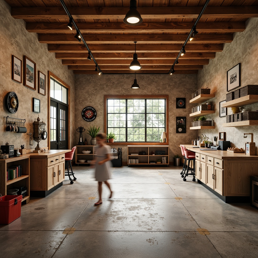 Prompt: Cozy family garage interior, rustic wooden accents, warm beige tones, industrial metal beams, vintage car decorations, nostalgic memorabilia, functional workstations, tool organizers, built-in shelving units, epoxy resin flooring, modern track lighting, soft warm ambiance, shallow depth of field, 1/2 composition, realistic textures, ambient occlusion.