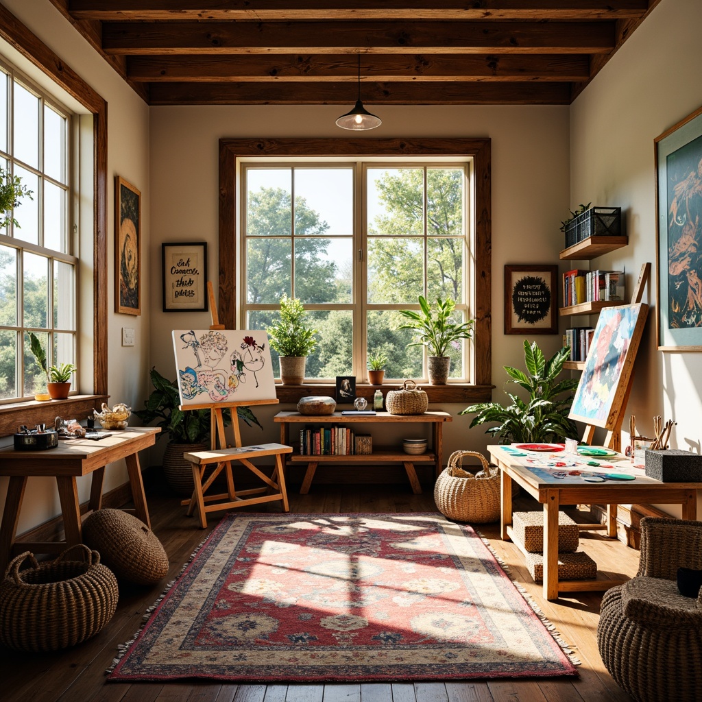 Prompt: Vibrant art studio, natural light, wooden easels, paint-splattered tables, colorful palettes, diverse brushes, artistic expressions, eclectic furniture, bohemian decor, textured rugs, warm beige walls, rich wood accents, bold statement pieces, abstract artwork, inspirational quotes, cozy reading nooks, soft warm lighting, shallow depth of field, 3/4 composition, panoramic view, realistic textures, ambient occlusion.Let me know if you need any adjustments!