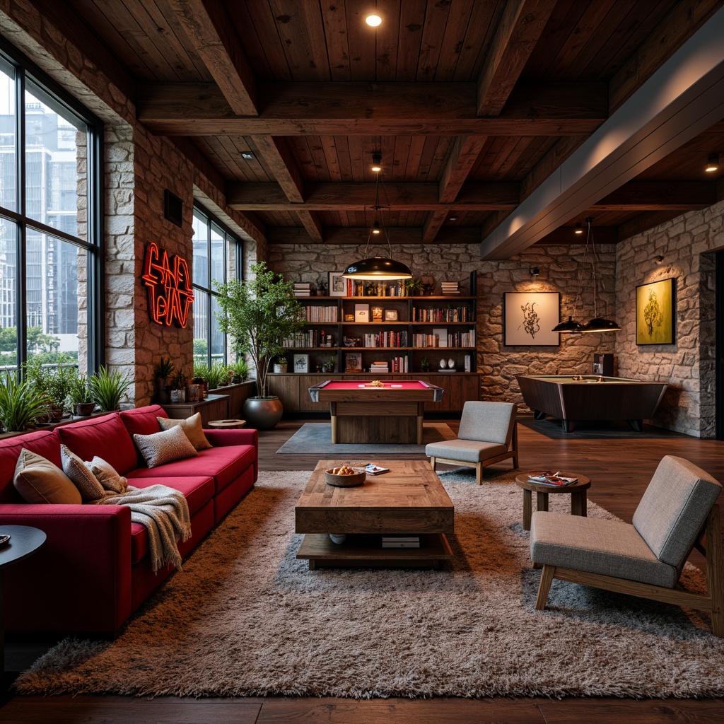 Prompt: Richly textured game room, plush velvet sofas, rugged stone walls, sleek metal accents, vibrant neon lights, oversized wooden coffee tables, cozy throw blankets, chunky woven rugs, distressed leather armchairs, modern minimalist shelves, eclectic decorative objects, urban loft atmosphere, dramatic spot lighting, 1/1 composition, cinematic color grading, soft focus blur.