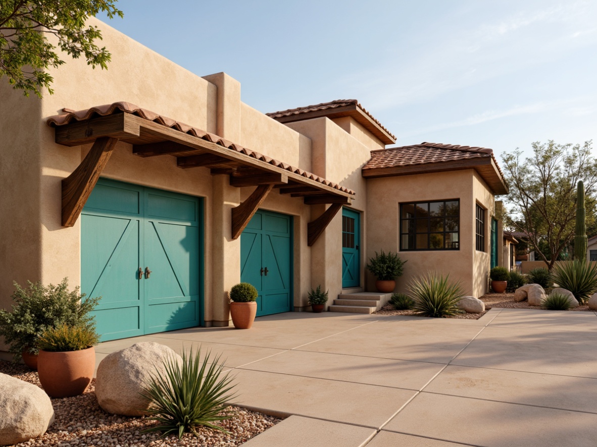 Prompt: Southwestern style garage, stucco exterior, earthy tones, rustic wood accents, clay roof tiles, terra cotta pots, desert landscape, sandy dunes, cactus plants, vibrant turquoise doors, metal hardware, decorative trusses, wooden shutters, natural stone walls, warm beige stucco, rough-hewn wood beams, Spanish-inspired architecture, soft warm lighting, shallow depth of field, 3/4 composition, panoramic view, realistic textures, ambient occlusion.