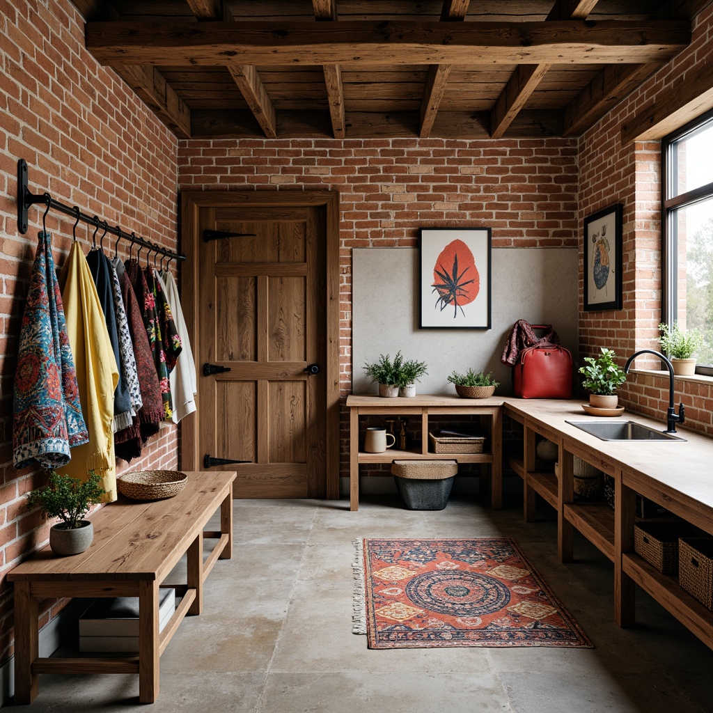 Prompt: Rustic mudroom, distressed wood accents, worn brick walls, eclectic mix of vintage and modern furniture, bold colorful textiles, playful geometric patterns, abstract artwork, ornate metal fixtures, industrial-style lighting, raw concrete floors, natural stone countertops, earthy tones, warm cozy atmosphere, softbox lighting, shallow depth of field, 2/3 composition, realistic textures, ambient occlusion.