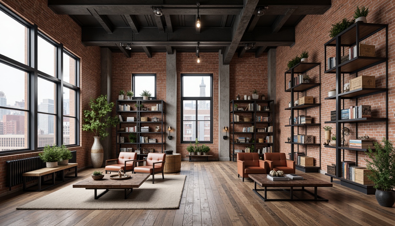 Prompt: Exposed brick walls, industrial metal beams, reclaimed wood flooring, modern shelving units, steel ladder bookcases, wooden crate displays, vintage metal stools, distressed leather armchairs, floor-to-ceiling windows, natural light, urban cityscape views, eclectic book collections, metal reading lamps, rustic wooden tables, decorative metal gears, old factory-style lighting fixtures, minimalist decor, functional storage bins, raw concrete columns, industrial-chic color palette.