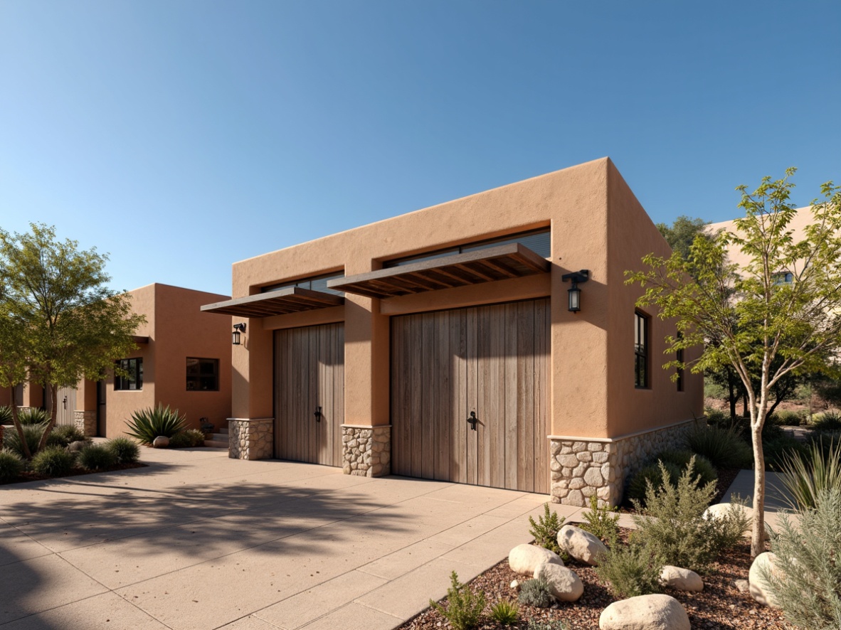 Prompt: Southwestern style garage, stucco exterior, earthy tone color scheme, rustic wooden accents, metal roofing, corrugated galvanized steel, weathered wood cladding, rough-hewn stone walls, desert landscape, cacti plants, sandy dunes, clear blue sky, warm sunny day, dramatic shadows, 3/4 composition, shallow depth of field, realistic textures, ambient occlusion.