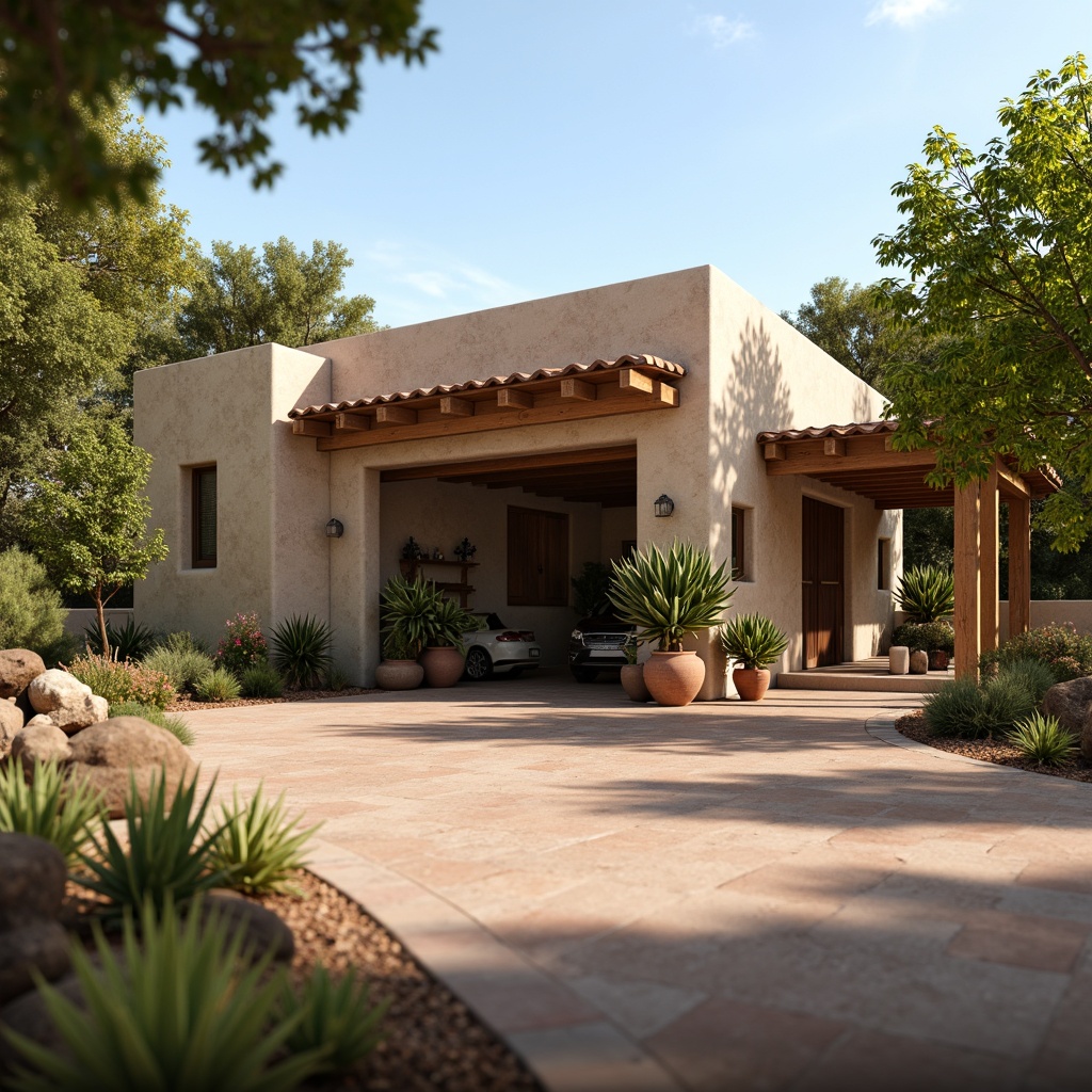 Prompt: Southwestern family garage, rustic charm, earthy tones, stucco exterior, clay tile roofing, terra cotta pots, lush greenery, vibrant succulents, desert landscape, warm sunny day, soft natural lighting, shallow depth of field, 3/4 composition, realistic textures, ambient occlusion.