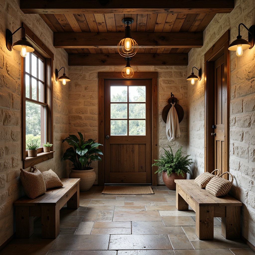 Prompt: Rustic mudroom, earthy tones, natural textures, wooden accents, vintage lighting fixtures, industrial metal shades, Edison bulb lamps, distressed finishes, rough-hewn stone walls, reclaimed wood benches, woven baskets, potted plants, warm cozy ambiance, soft golden lighting, 1/2 composition, intimate framing, realistic materials, subtle color grading.Let me know if you need any adjustments!