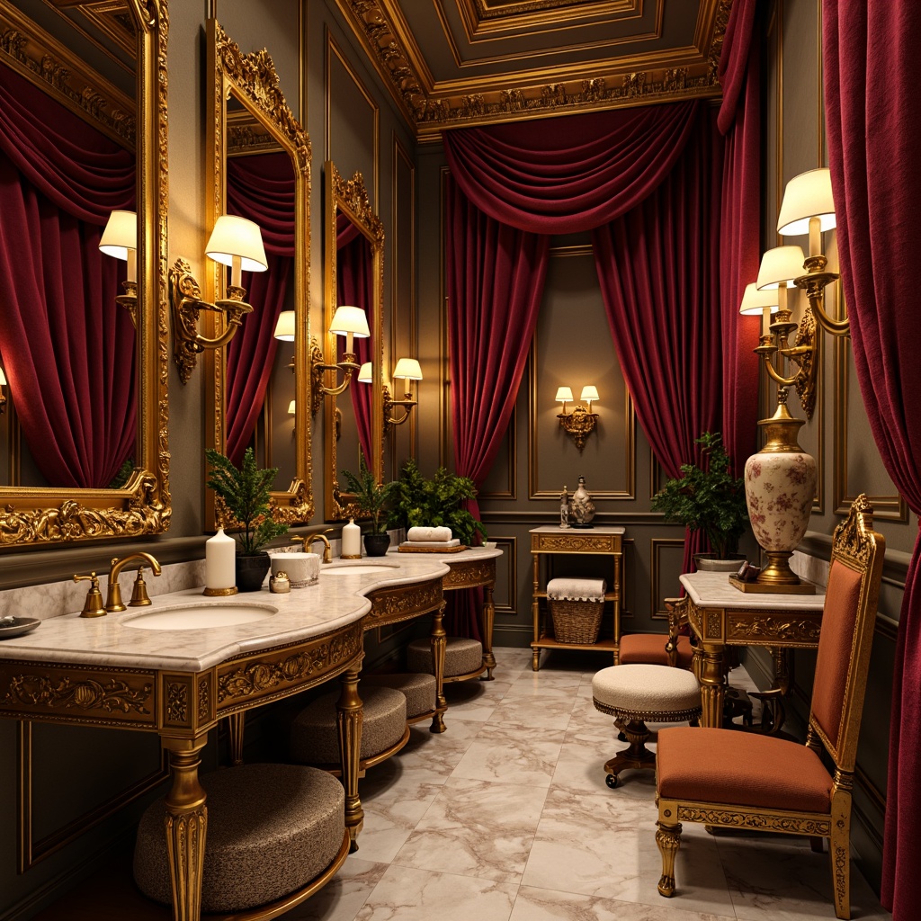 Prompt: Ornate powder room, gilded mirrors, velvet drapes, marble countertops, intricately carved furniture, ornamental vases, golden accents, luxurious fabrics, soft candlelight, 1/1 composition, shallow depth of field, warm color palette, rich textures, ambient occlusion.