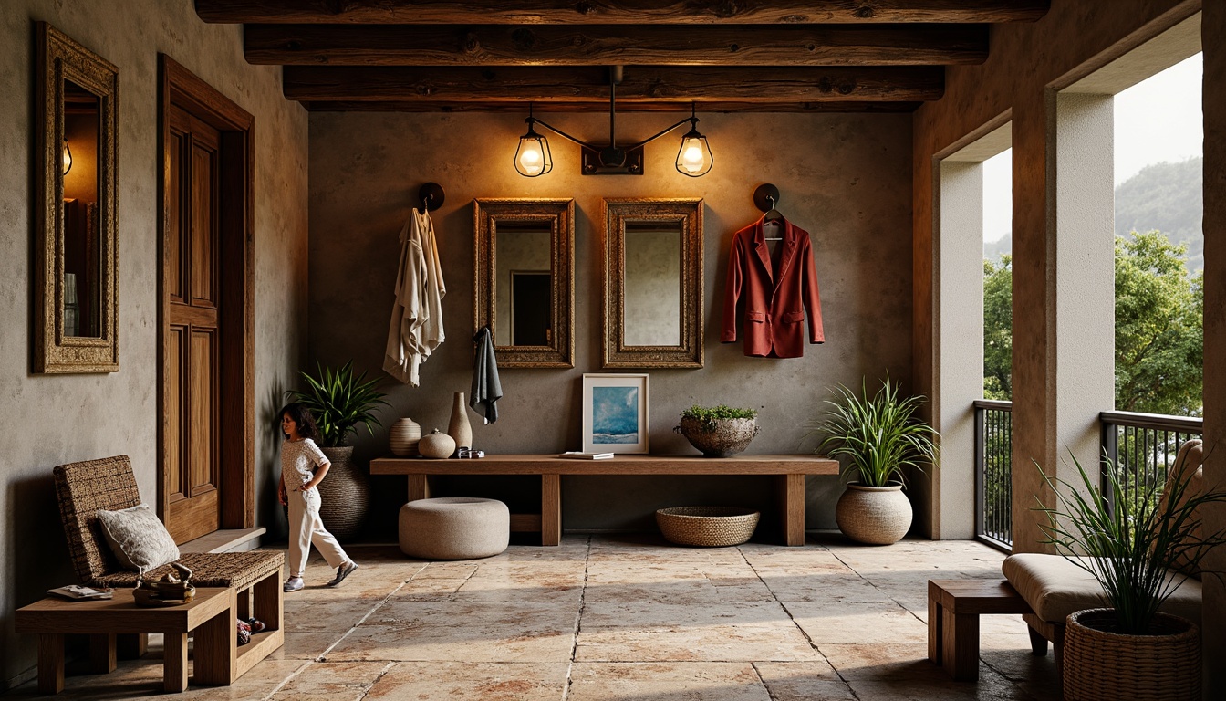 Prompt: Rustic mudroom, earthy tones, natural stone flooring, wooden accents, distressed finishes, industrial metal fixtures, eclectic decor, bold color schemes, playful textures, abstract patterns, unconventional shapes, ornate mirrors, rich leathers, woven baskets, oversized lanterns, warm ambient lighting, soft focus, shallow depth of field, 1/1 composition, moody atmosphere.