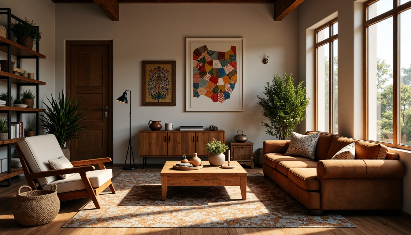 Prompt: Cozy living room, eclectic furniture arrangement, vintage armchair, distressed wood coffee table, plush velvet sofa, colorful Moroccan tiles, abstract artwork, industrial metal lamp, woven basket storage, natural fiber rug, bohemian-inspired textiles, warm golden lighting, soft focus, shallow depth of field, 2/3 composition, atmospheric perspective.