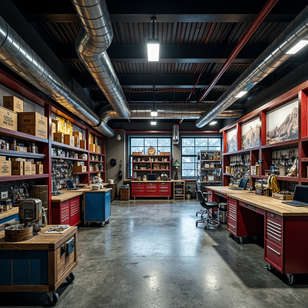 Prompt: Industrial garage interior, exposed ductwork, concrete floors, steel beams, metal accents, bold color scheme, deep blues, rich reds, warm yellows, industrial chic lighting, metallic finishes, urban modern architecture, functional storage systems, sleek workbenches, organized tool displays, vintage automotive decor, rustic wooden crates, distressed textures, dramatic shadows, 3/4 composition, realistic rendering, atmospheric ambiance.