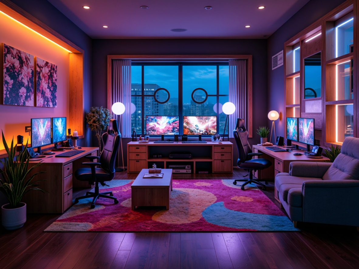 Prompt: Cozy game room, comfortable seating areas, vibrant colorful rugs, modern gaming desks, high-tech gaming PCs, ergonomic chairs, surround sound systems, immersive VR experiences, neon-lit accent walls, dark wood flooring, futuristic lighting fixtures, minimalistic shelving units, decorative gaming-themed artwork, cinematic screens, 1/1 composition, shallow depth of field, warm and inviting atmosphere, realistic textures, ambient occlusion.