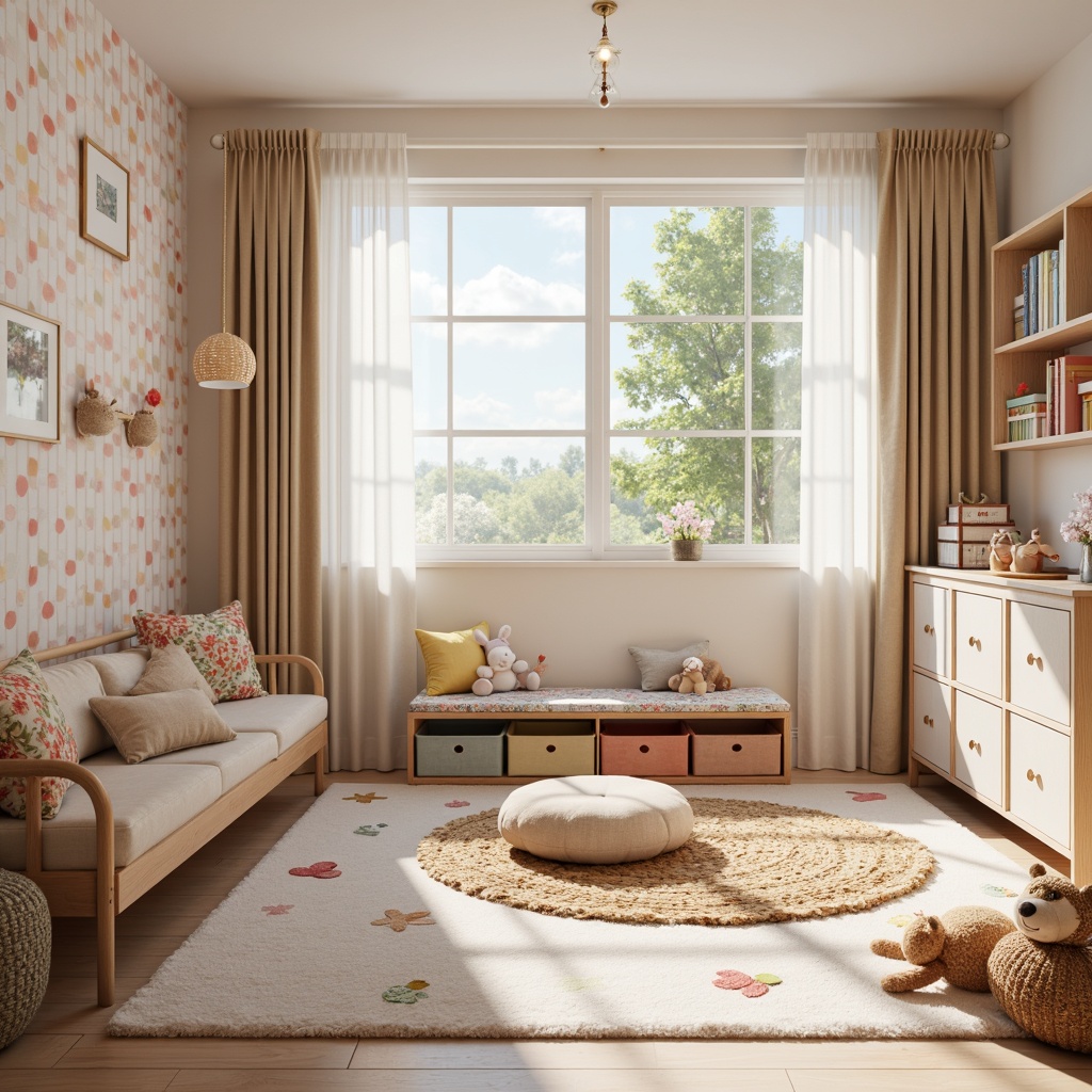 Prompt: Whimsical children's bedroom, soft pastel colors, playful polka dots, fluffy area rugs, colorful storage bins, sweet fairy lights, delicate floral patterns, gentle wood accents, cozy reading nooks, plush toys, vibrant wall decals, modern minimalistic furniture, natural fiber textiles, warm beige curtains, sunny afternoon light, shallow depth of field, 1/1 composition, realistic textures, ambient occlusion.