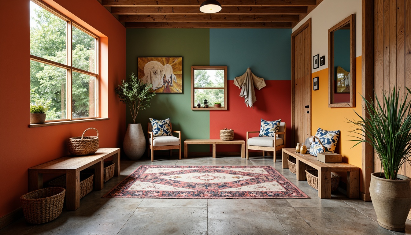 Prompt: Vibrant mudroom, eclectic material finishes, bold color blocking, playful textures, rough-hewn wood accents, distressed metal fixtures, industrial-chic concrete floors, oversized ceramic tiles, chunky woven baskets, abstract art pieces, reclaimed wooden benches, funky patterned rugs, warm task lighting, cozy nooks, ornate mirror frames, 1/1 composition, shallow depth of field, softbox lighting.