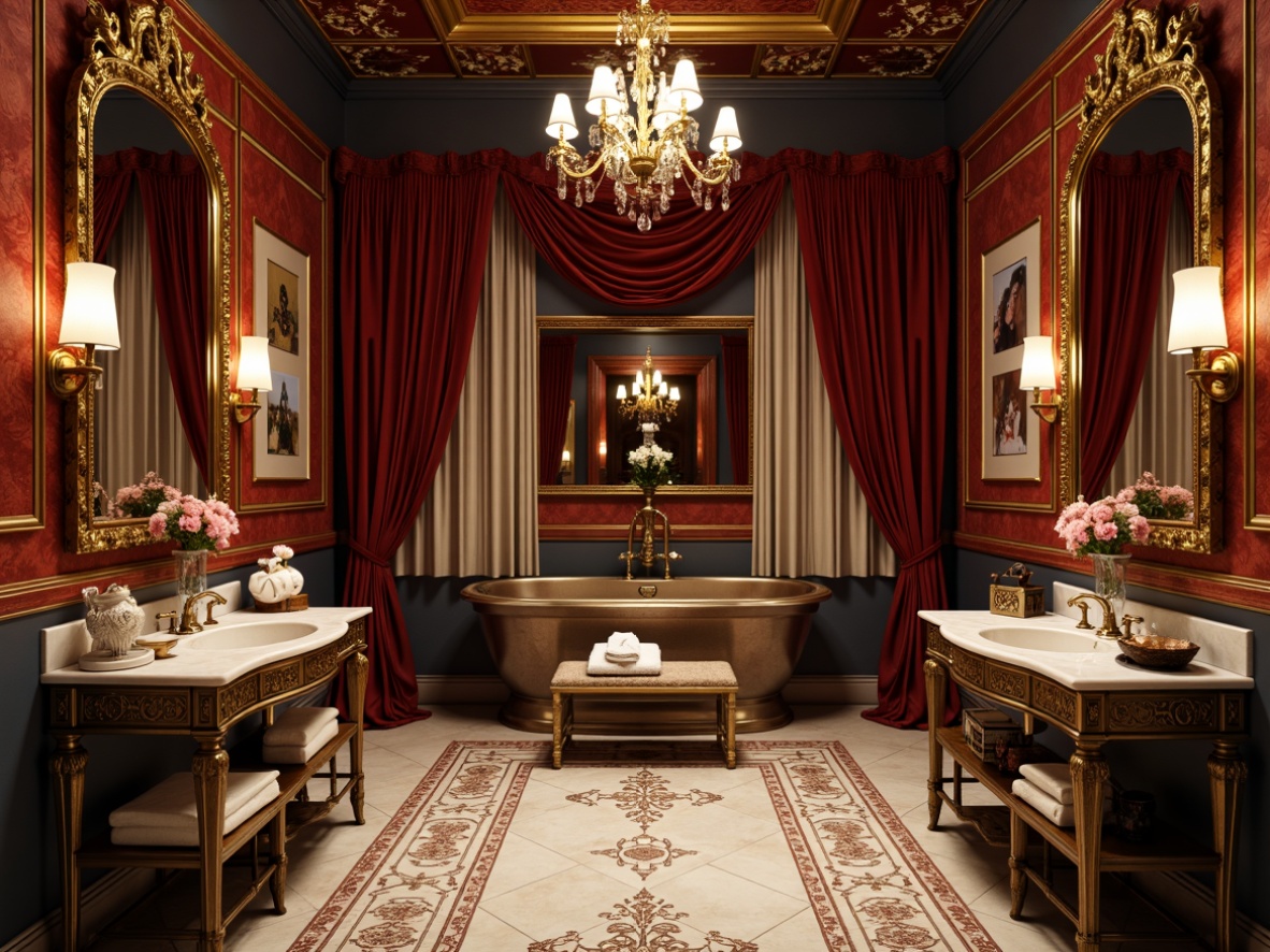 Prompt: Opulent powder room, rich velvet drapes, ornate gilded frames, antique mirrors, intricately carved wooden furnishings, luxurious marble countertops, crystal chandeliers, soft warm lighting, subtle fragrance, elegant freestanding vanity, ornamental metalwork, lavish fabrics, Baroque-inspired patterns, golden accents, majestic architectural details, highly decorative ceiling, symmetrical composition, dramatic shadows, realistic textures.