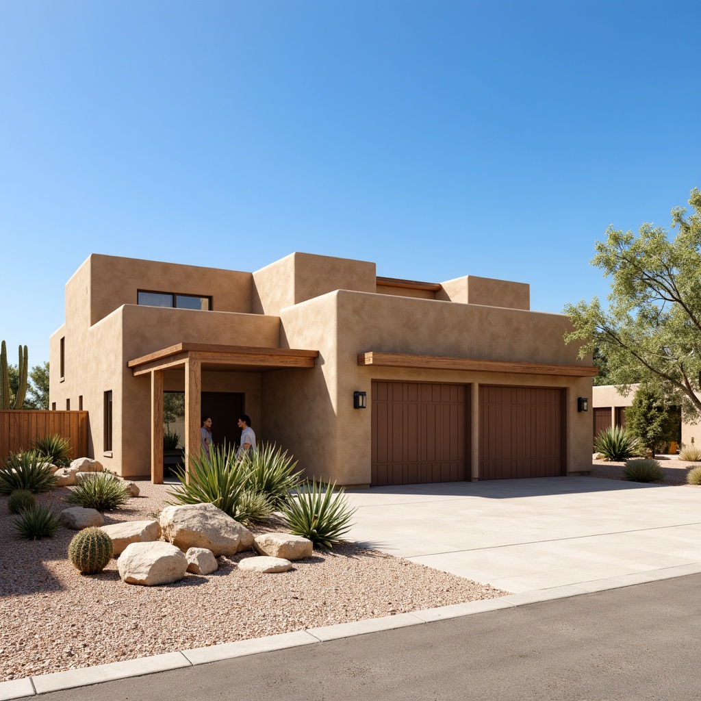 Prompt: Southwestern style garage, stucco exterior, earthy color palette, rustic wooden accents, terra cotta roof tiles, desert landscape, cactus plants, warm sunny day, clear blue sky, vast open space, modern southwestern architecture, clean lines, minimalist design, natural stone walls, metal garage doors, industrial-style lighting fixtures, concrete floors, rugged textures, ambient occlusion, high dynamic range, shallow depth of field, 3/4 composition, panoramic view.