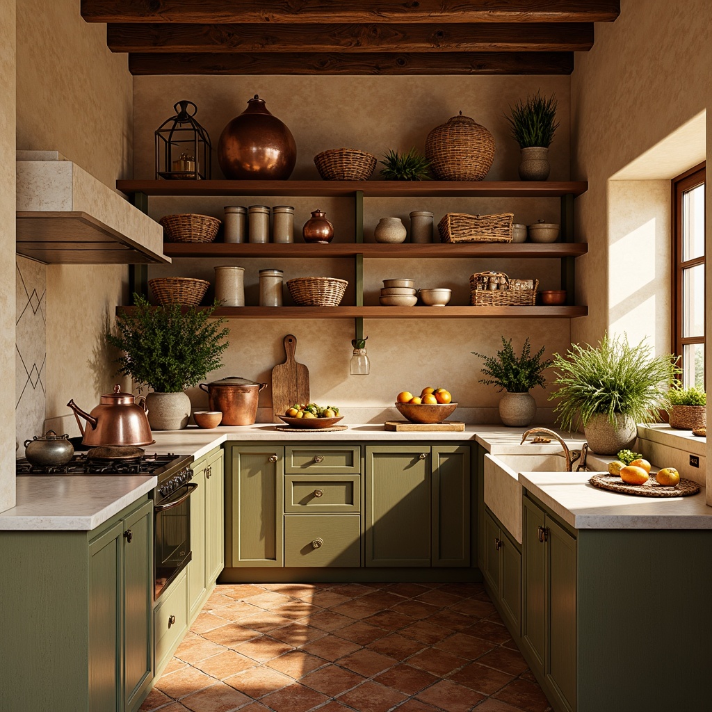 Prompt: Cozy Mediterranean pantry, warm earthy tones, distressed wooden shelves, rustic ceramic jars, woven wicker baskets, vintage copper accents, soft golden lighting, ambient shadows, natural stone countertops, terracotta floor tiles, aromatic herb arrangements, fresh citrus fruits, aged wooden beams, ornate metal lanterns, warm beige walls, creamy white marble, shallow depth of field, 1/2 composition, realistic textures, subtle grain effect.