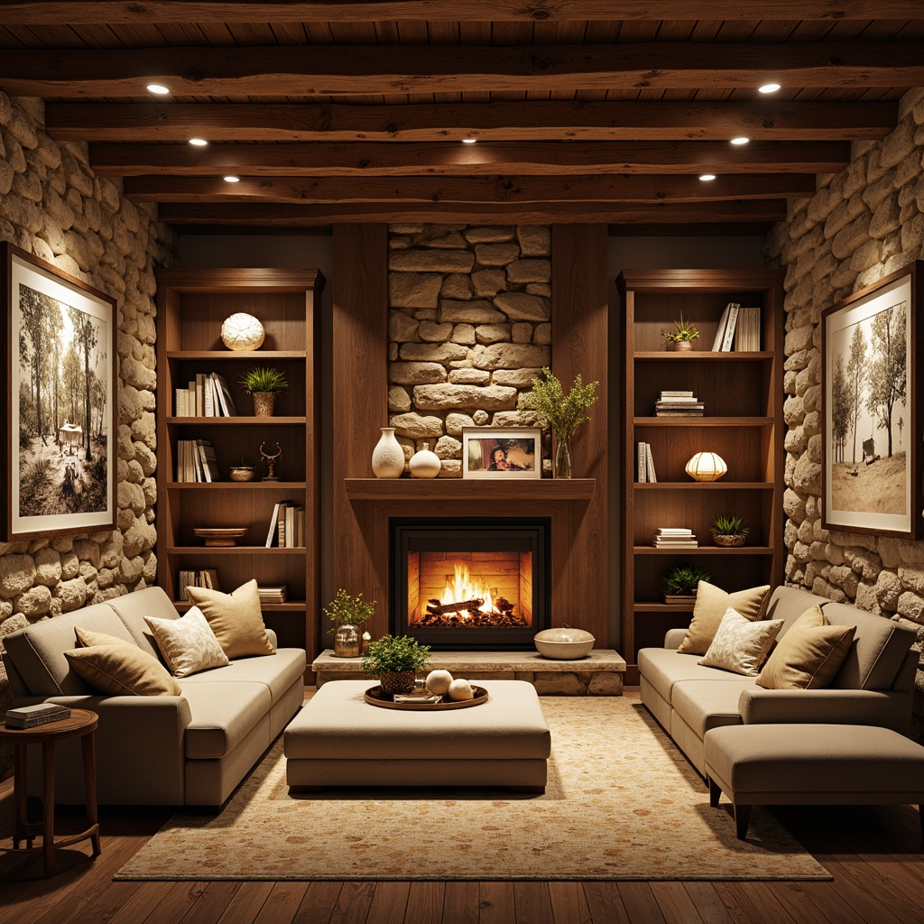 Prompt: Warm earthy tones, rich wood accents, rustic stone walls, cozy fireplace, plush furnishings, vintage decorative items, dim warm lighting, soft shadows, inviting atmosphere, traditional basement style, warm beige colors, deep brown woods, soft gray stones, creamy whites, warm golden metals, distressed finishes, natural textures, organic patterns, comfortable seating areas, relaxing ambiance, soft focus, shallow depth of field.