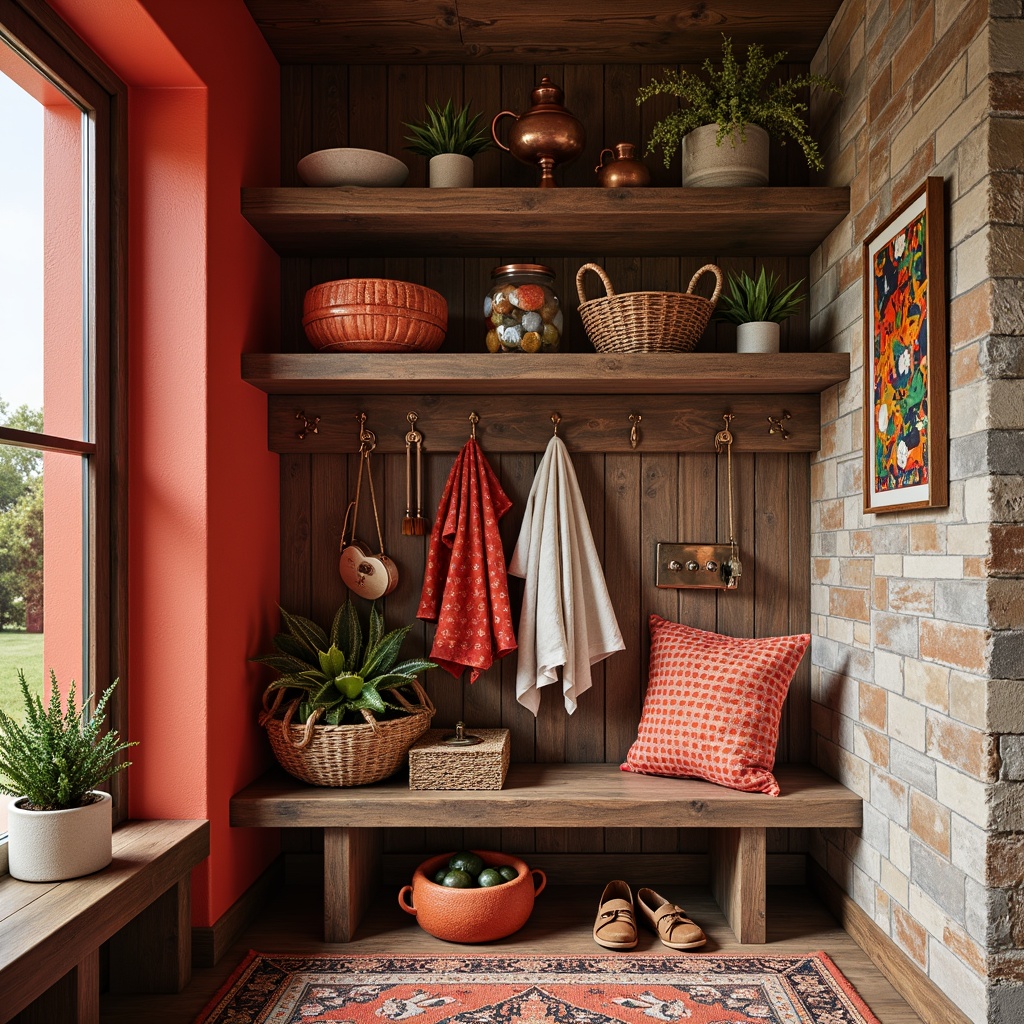 Prompt: Vibrant mudroom, eclectic color palette, bold red accents, distressed wood textures, industrial metal tones, abstract geometric patterns, playful polka dots, whimsical florals, earthy terracotta hues, weathered stone walls, reclaimed wood shelves, ornate antique fixtures, rustic copper hardware, soft warm lighting, shallow depth of field, 1/1 composition, realistic textures, ambient occlusion.