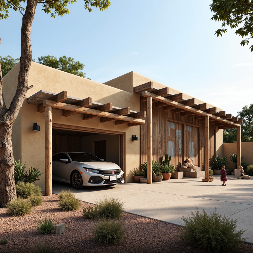 Prompt: Southwestern-style garage, earthy tones, stucco exterior, rustic wooden accents, metal roofing, corrugated steel panels, weathered wood cladding, desert-inspired landscaping, cacti and succulents, warm sunny day, soft natural lighting, shallow depth of field, 1/1 composition, realistic textures, ambient occlusion.