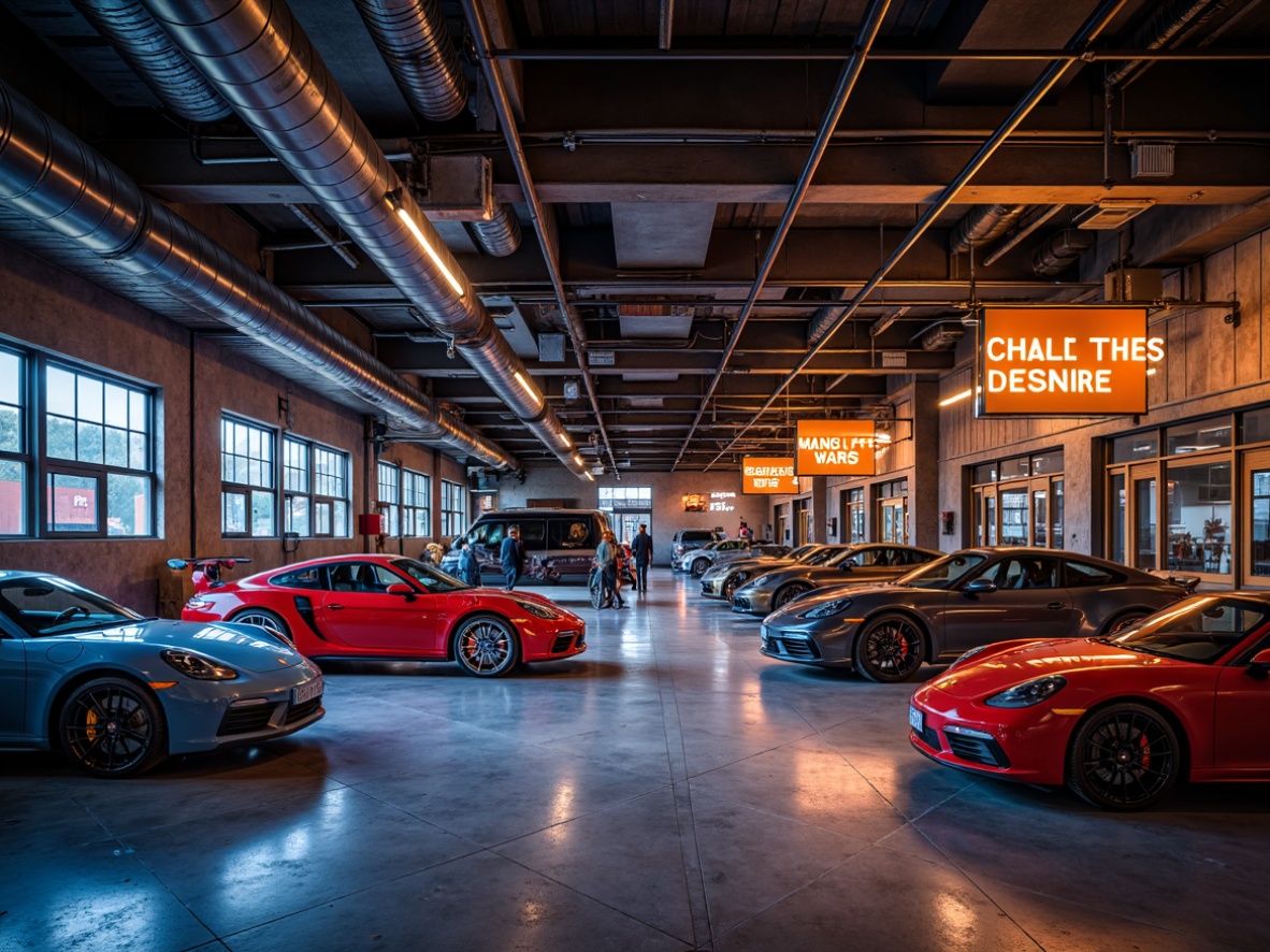 Prompt: Industrial garage interior, exposed ductwork, metal beams, concrete flooring, rustic wooden accents, vintage car displays, neon signs, bold color schemes, deep blues, fiery reds, metallic silvers, matte blacks, warm lighting, soft shadows, 1/1 composition, dramatic angles, high-contrast textures, realistic reflections.