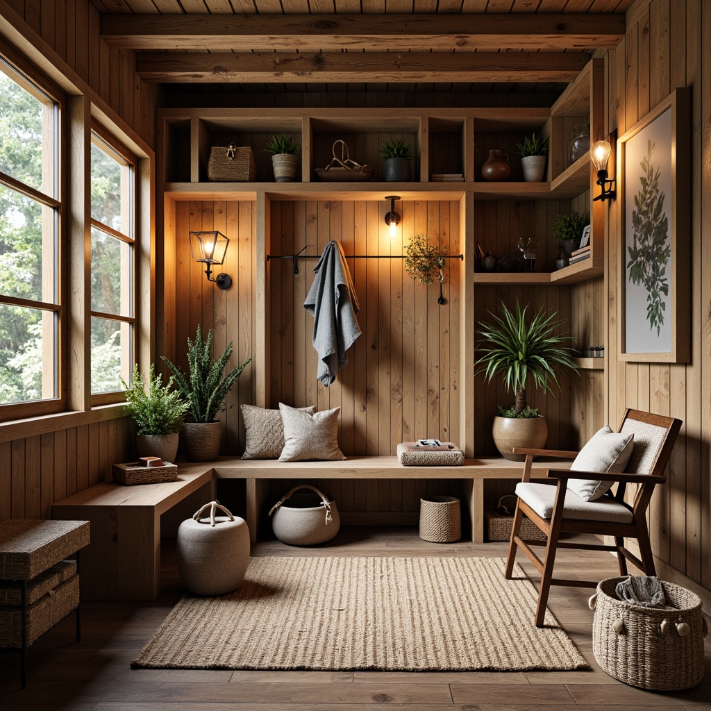 Prompt: Rustic mudroom, earthy tones, natural materials, wooden accents, distressed finishes, industrial lighting fixtures, metal sconces, exposed bulbs, pendant lamps, eclectic decor, vintage accessories, woven baskets, natural fiber rugs, organic shapes, playful patterns, whimsical touches, warm ambient glow, soft shadows, 1/1 composition, shallow depth of field, realistic textures.