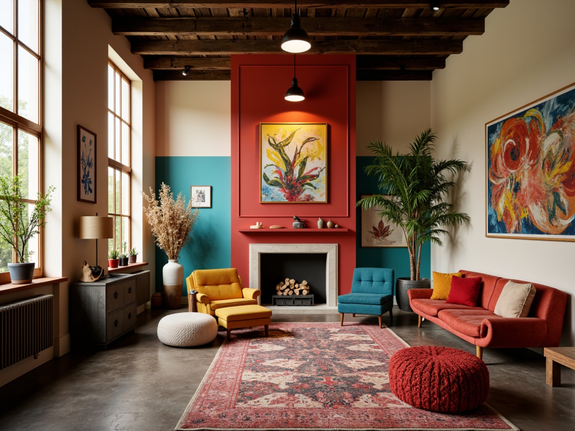 Prompt: Vibrant art studio, eclectic furniture, abstract artwork, textured rugs, modern lighting fixtures, bold accent walls, neutral beige background, rich turquoise accents, deep crimson highlights, metallic silver undertones, warm golden glow, softbox lighting, shallow depth of field, 1/2 composition, realistic textures, ambient occlusion.