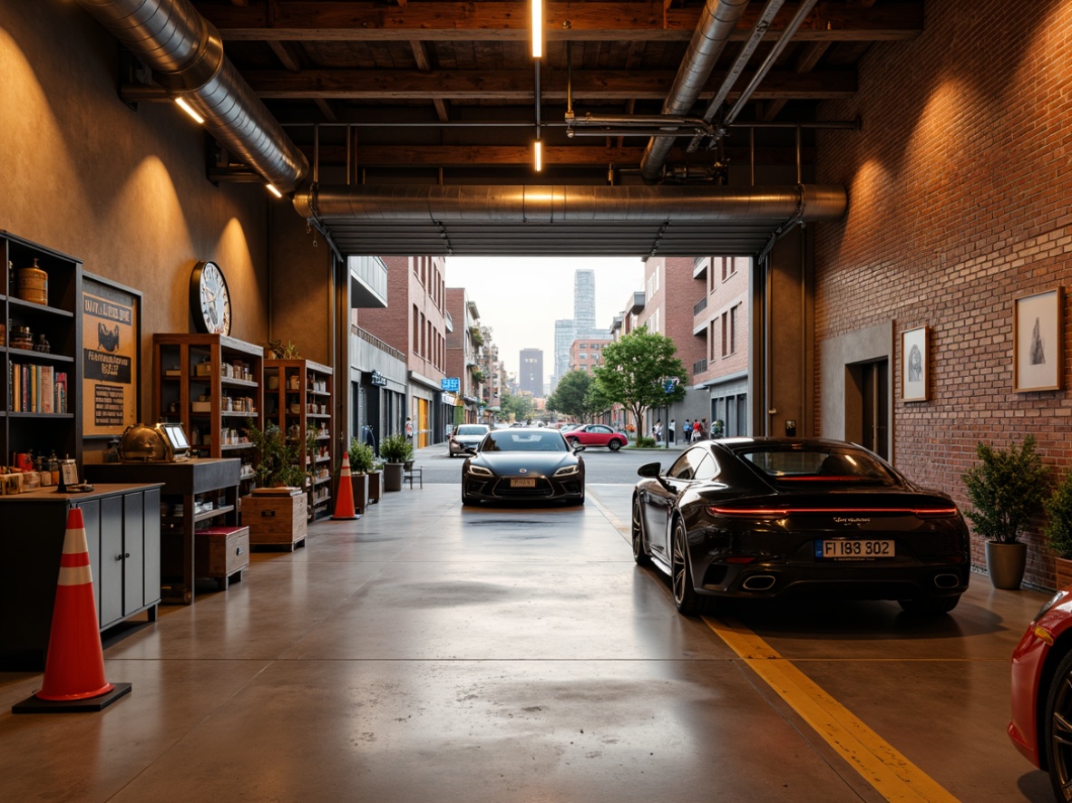 Prompt: Industrial-chic garage, rustic wooden accents, exposed brick walls, metallic tones, warm beige flooring, sleek black machinery, neon-lit signage, vibrant orange safety cones, polished chrome fixtures, urban cityscape views, dramatic low-angle lighting, high-contrast composition, rich textures, ambient occlusion.