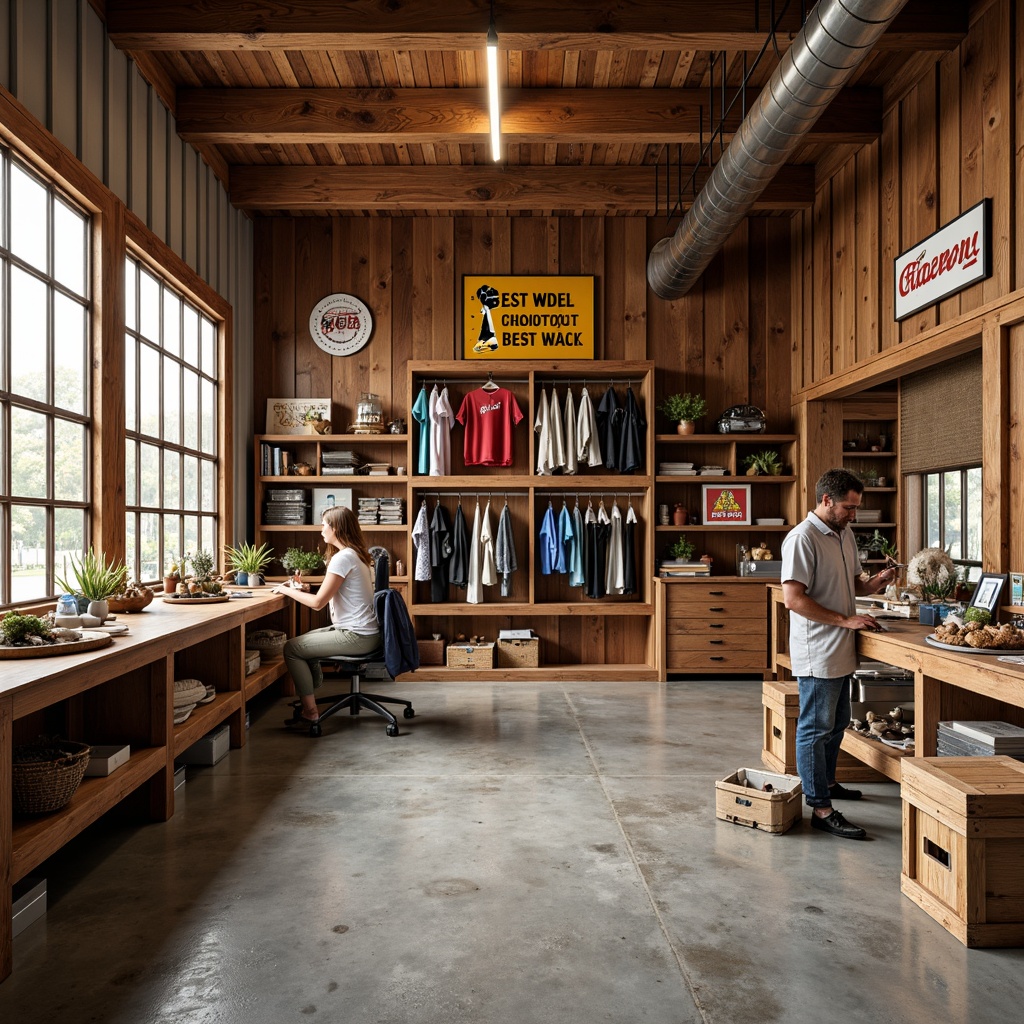 Prompt: Cozy family garage, warm wood accents, industrial metal beams, epoxy resin flooring, sports equipment storage, tool workstations, built-in shelving units, rustic wooden crates, vintage automotive signs, softbox lighting, earthy color palette, 1/2 composition, medium depth of field, realistic textures.