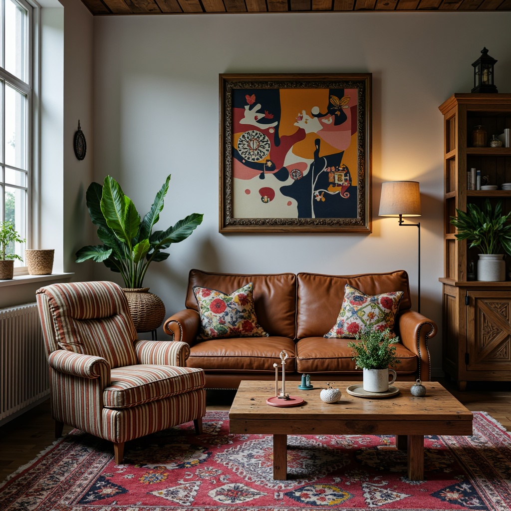 Prompt: Vintage armchair, distressed leather sofa, reclaimed wood coffee table, colorful Moroccan rug, eclectic mix of patterns, abstract artwork, industrial metal lamp, ornate wooden cabinet, lush green plants, bohemian-inspired textiles, warm cozy lighting, shallow depth of field, 1/2 composition, soft focus effect, realistic textures, ambient occlusion.Please let me know if this meets your requirements or if you need further adjustments!