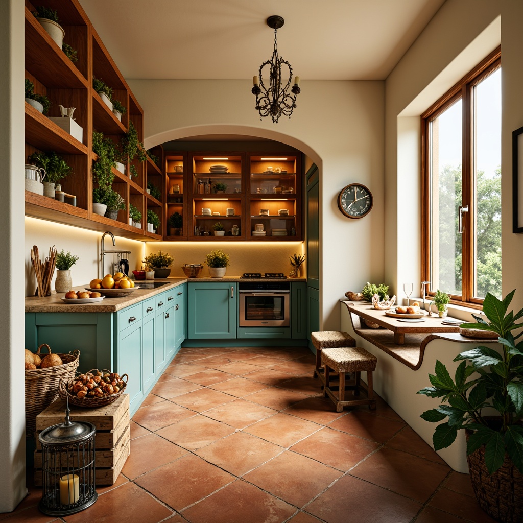 Prompt: Vibrant kitchen pantry, warm golden lighting, rich wood cabinetry, elegant glass doors, polished chrome hardware, soft creamy walls, bold turquoise accents, crisp white shelves, natural stone countertops, earthy terracotta flooring, cozy breakfast nook, rustic wooden crates, overflowing fruit baskets, aromatic spice jars, ornate metal lanterns, shallow depth of field, 1/1 composition, warm and inviting atmosphere.