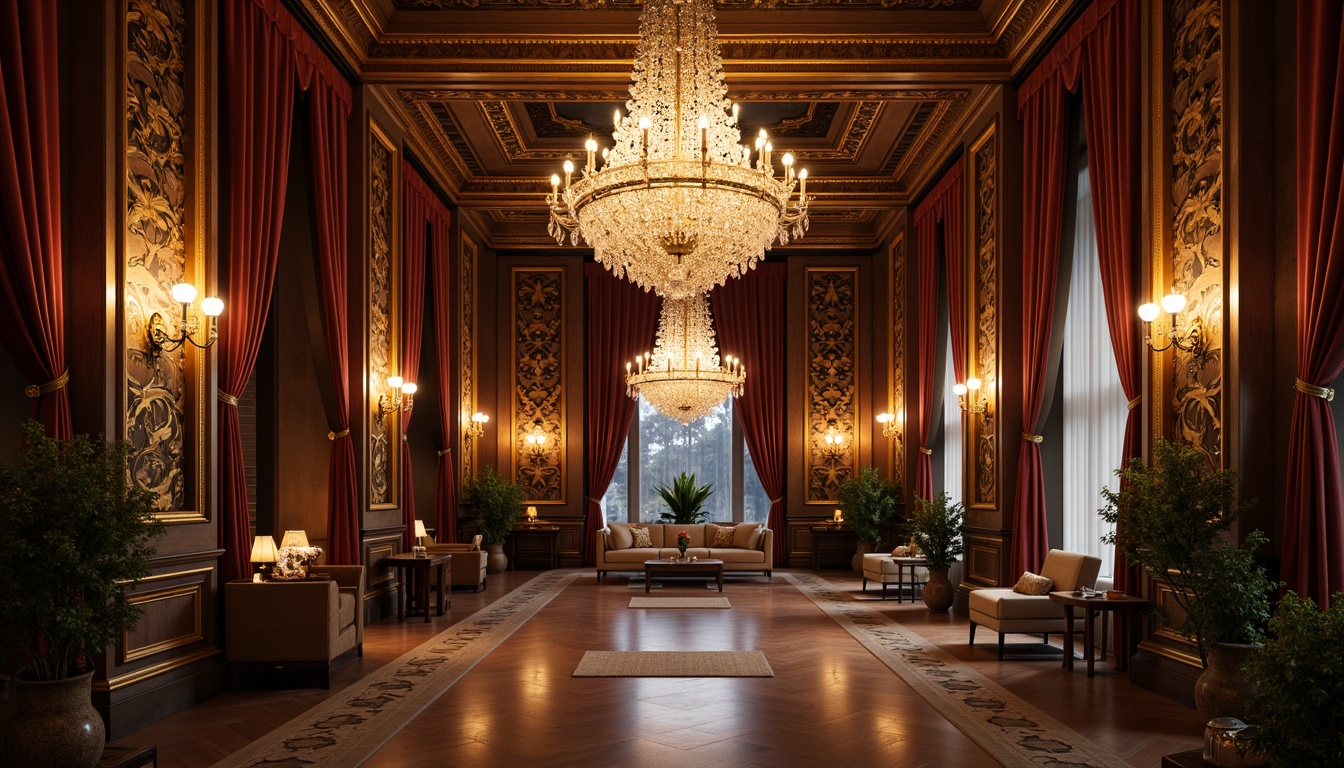 Prompt: Ornate chandeliers, crystal droplets, golden accents, velvet drapes, rich wood paneling, intricate carvings, luxurious fabrics, ornamental mirrors, grandiose architecture, high ceilings, dramatic lighting, warm ambient glow, softbox shadows, subtle color grading, 1/1 composition, symmetrical framing, realistic reflections, ambient occlusion.